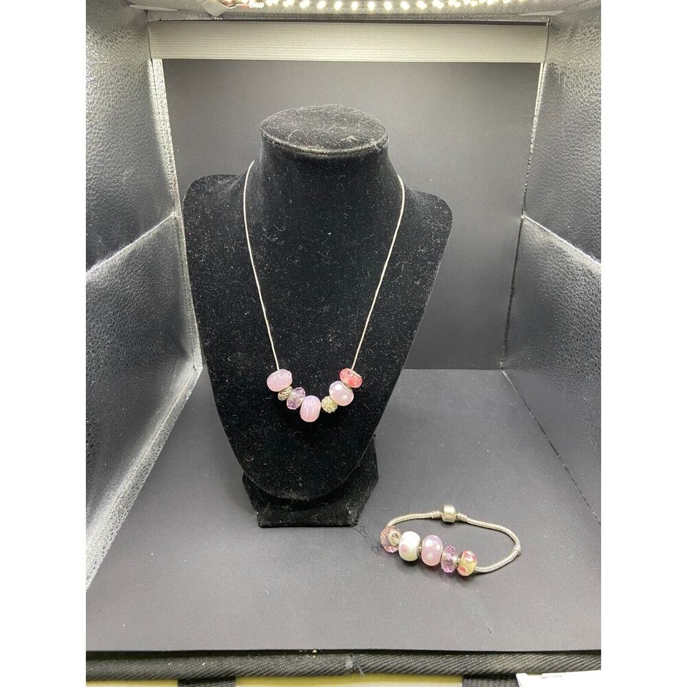 Sterling Silver 925 Bracelet Necklace Set with Pink Glass Murano Charms